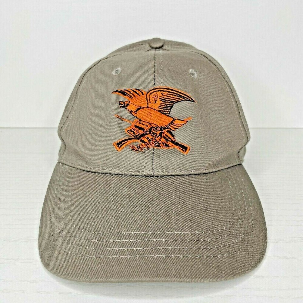 NRA Hat Embroidered Orange Eagle Logo Dark Tan Adjustable Hook & Loop